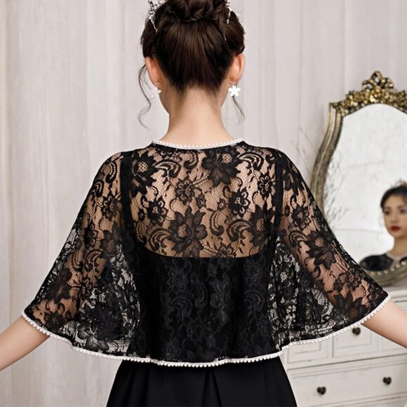 Lace Shawl Wrap Women Pearl Trim Floral Wedding Capelet for Evening Dress - Picture 2 of 7